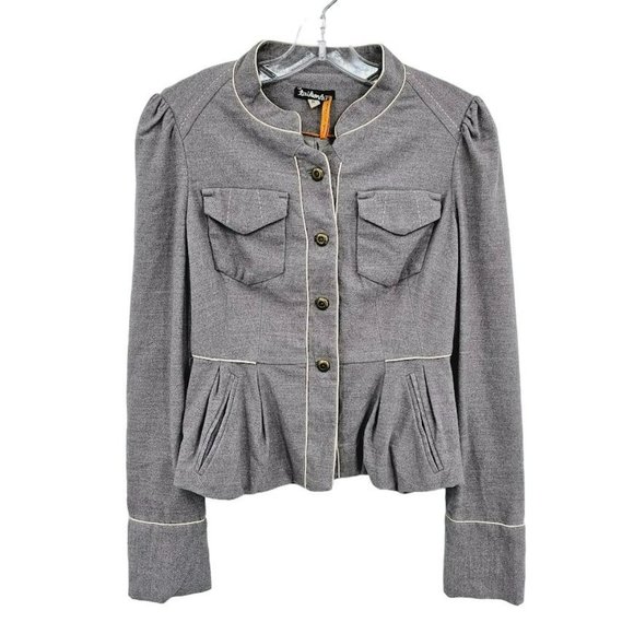 Anthropologie Taikonhu High Line Jacket Peplum Crop Blazer 4 Grey Button Front - Picture 13 of 14